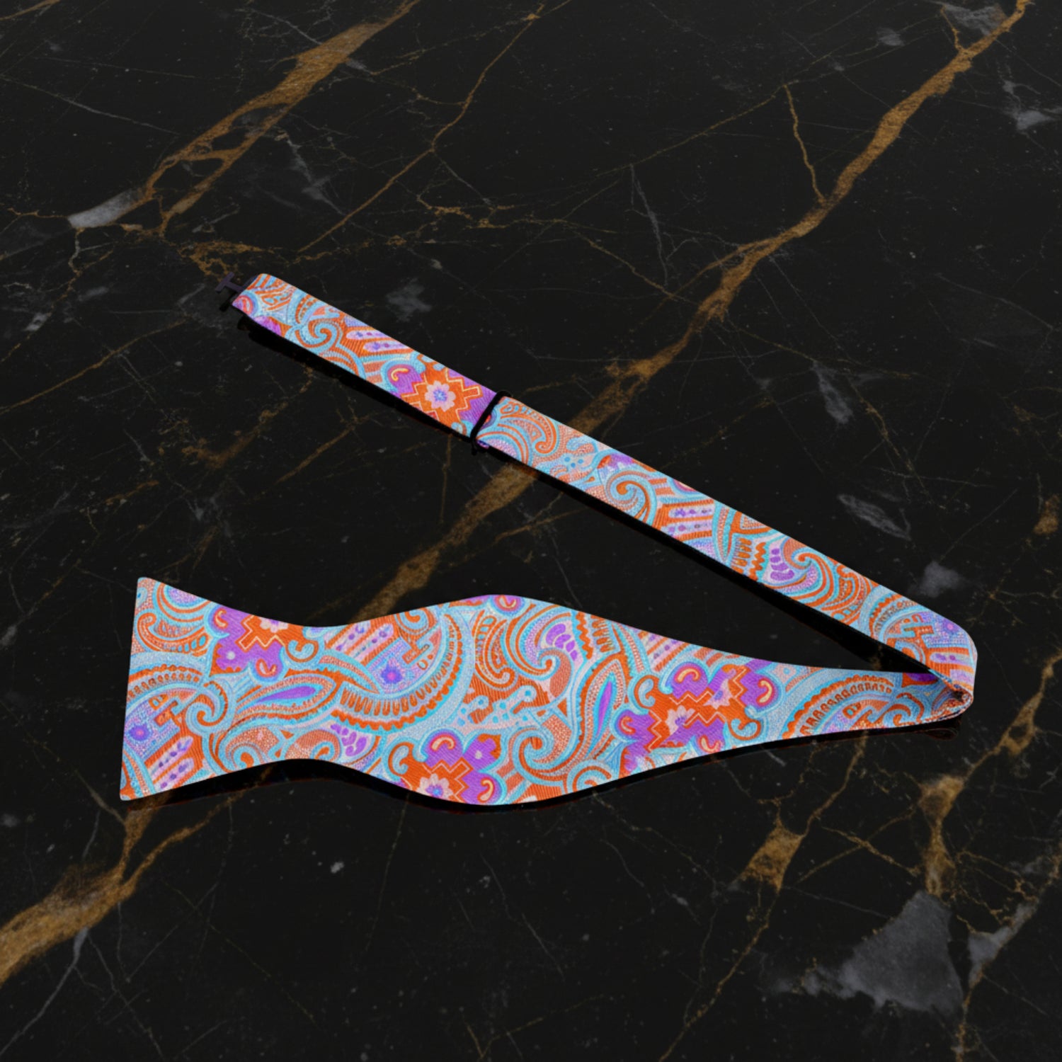 A Purple, Orange, Light Blue Abstract Designs With Paisley Self Tie Bow Tie Untied