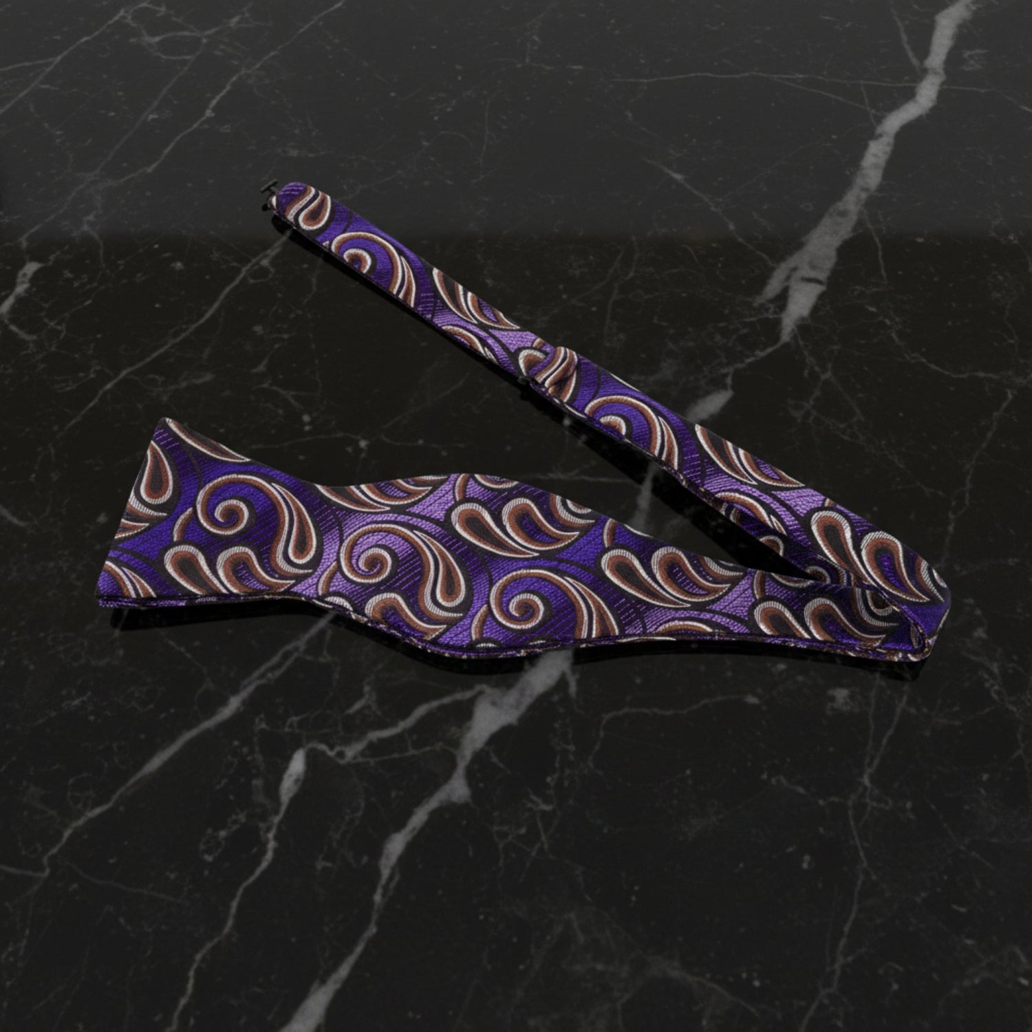 A Purple, Brown Paisley Pattern Self Tie Bow Tie Untied