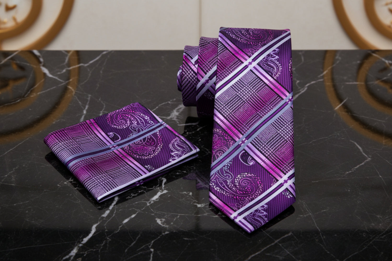 Alt View: A Purple, Black, White, Grey Silk Paisley Self Tie Necktie and Pocket Square
