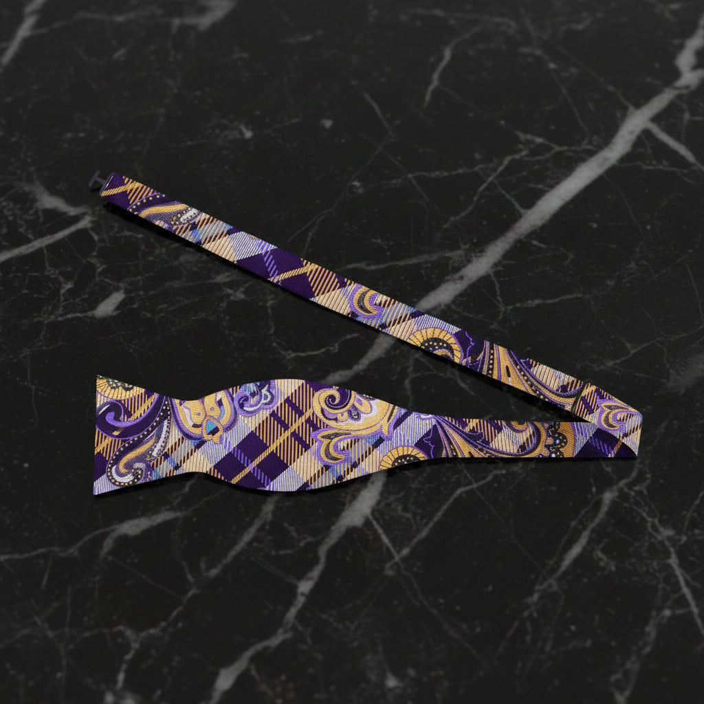 A Purple, Yellow, Light Blue Plaid and Paisley Pattern Self Tie Bow Tie Self Tie