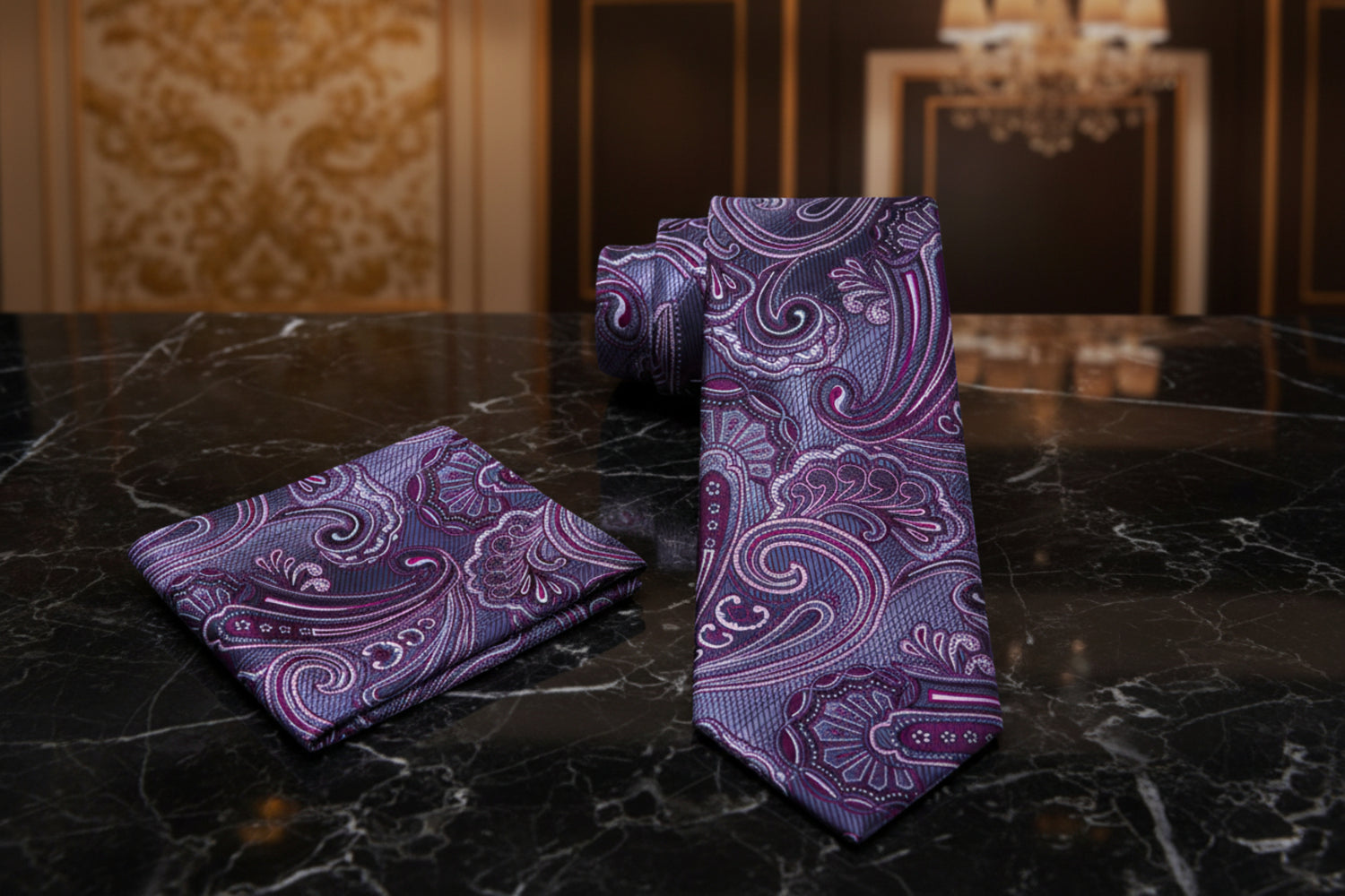 Alt View: A Purple, Grey Paisley Pattern Necktie, Matching Pocket Square