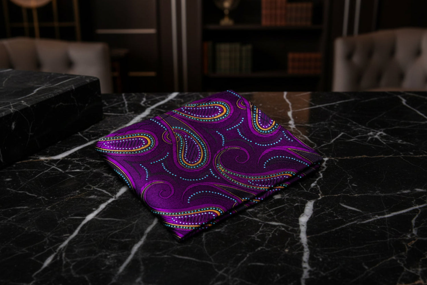 A Purple, Orange Paisley Pattern Pocket Square