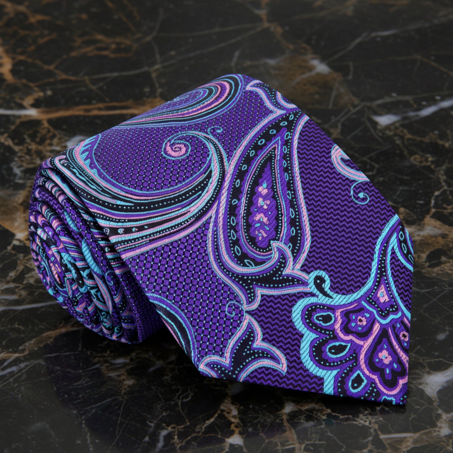 A Purple, Light Blue, Black Color Paisley Pattern Necktie 