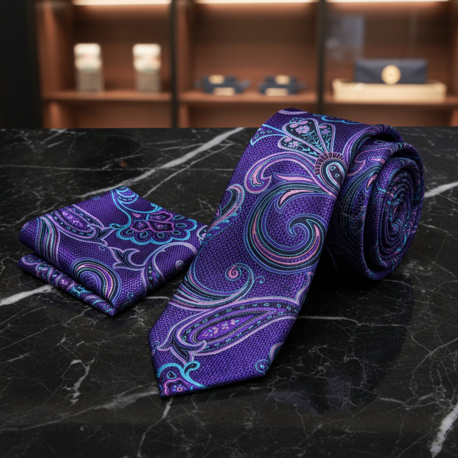 Alt View: A Purple, Light Blue, Black Color Paisley Pattern Necktie, Matching Pocket Square