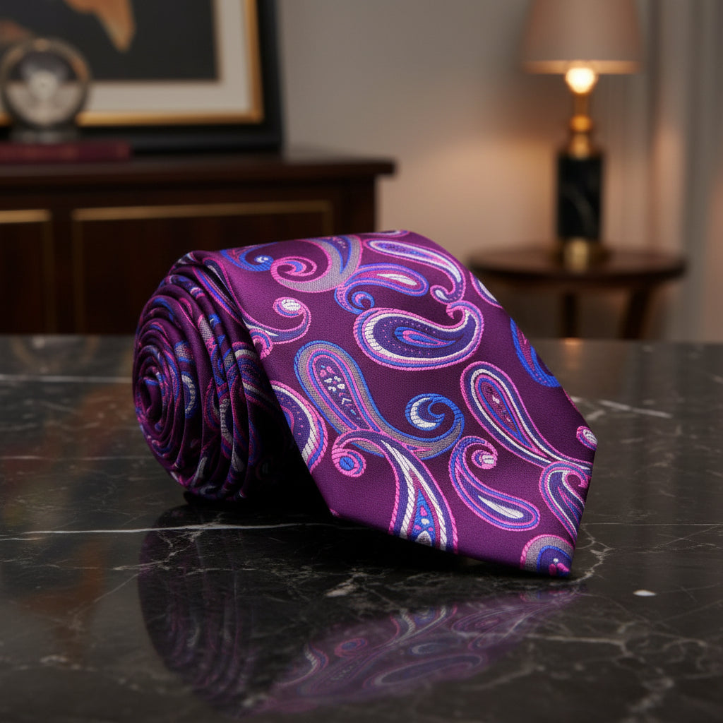 A Purple, Blue Color Paisley Pattern Necktie 