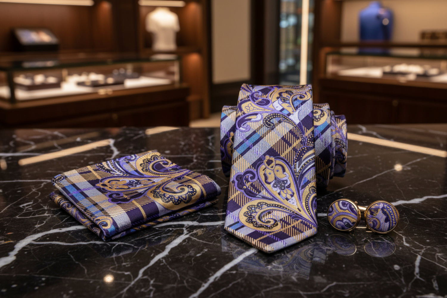 View 2: A Purple, Yellow, Light Blue Plaid and Paisley Pattern Necktie, With Matching Pocket Square