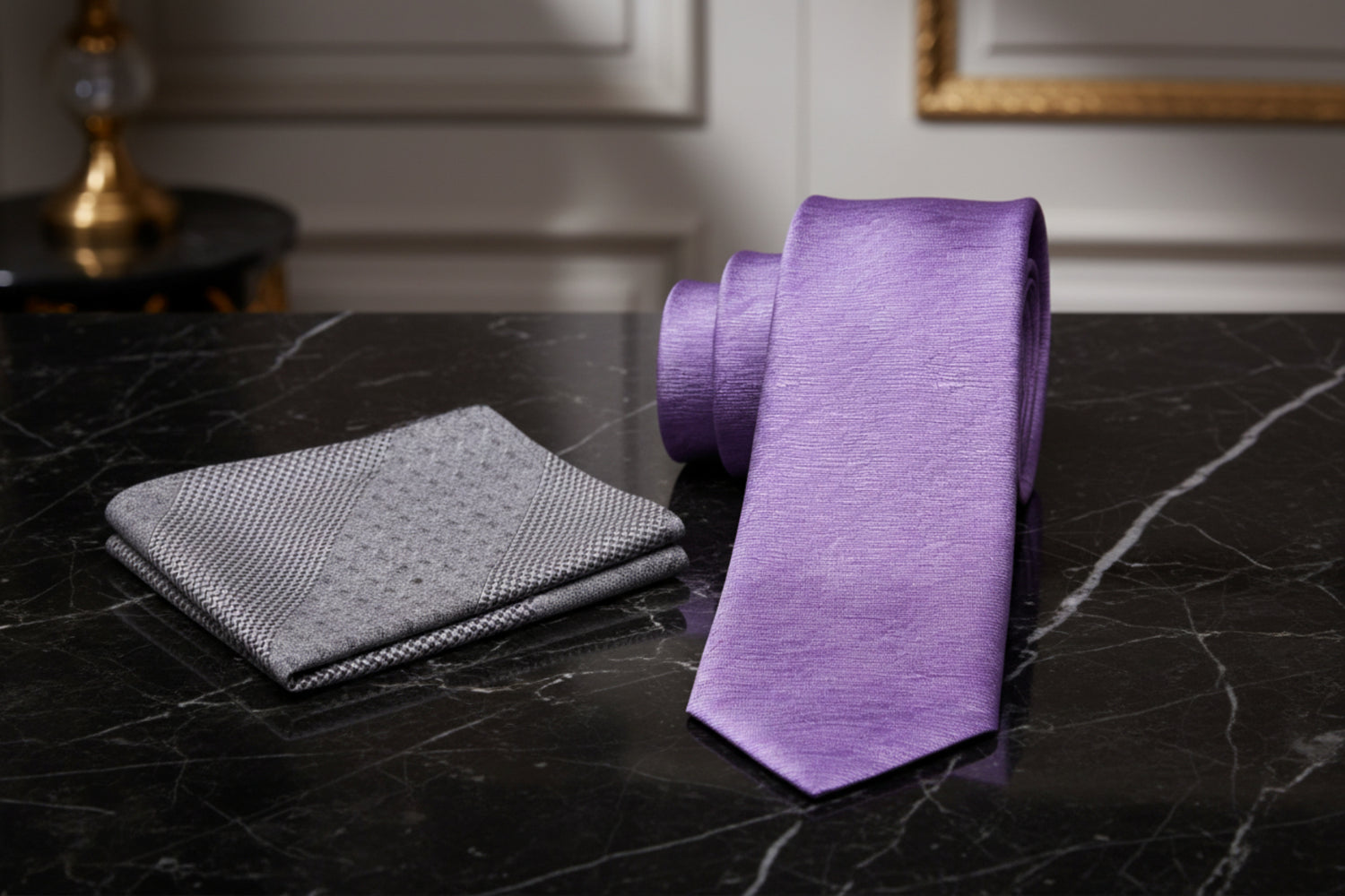 Alt View: View 2: Light Purple Texture Tie with Grey Pocket Square