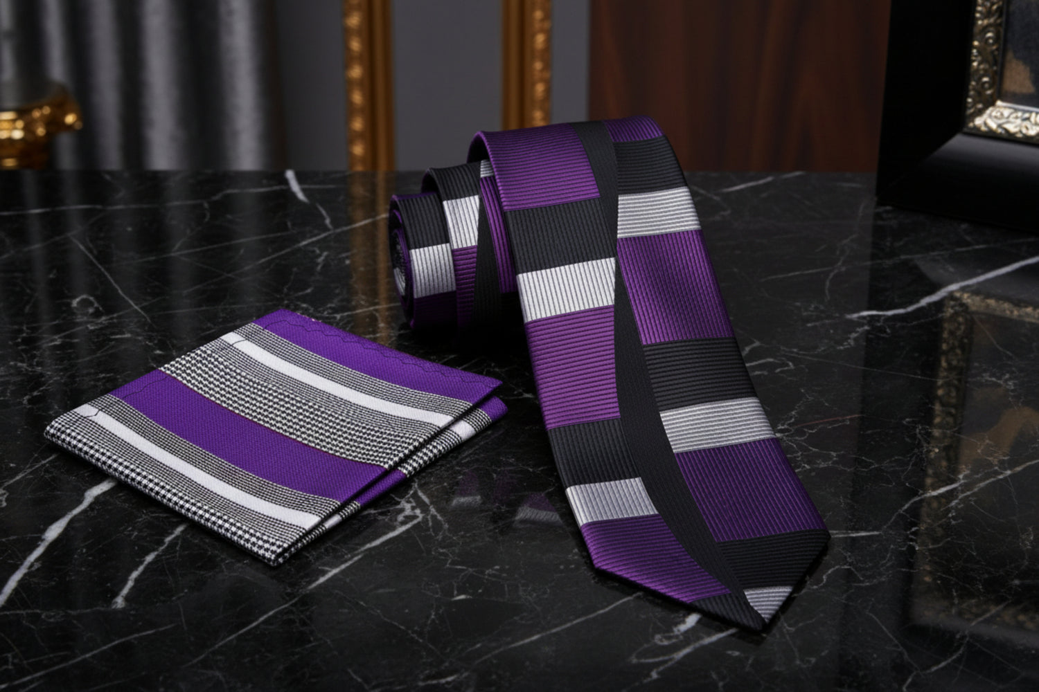 View 2: Purple, Black, Silver Abstract Tie and Pocket Square