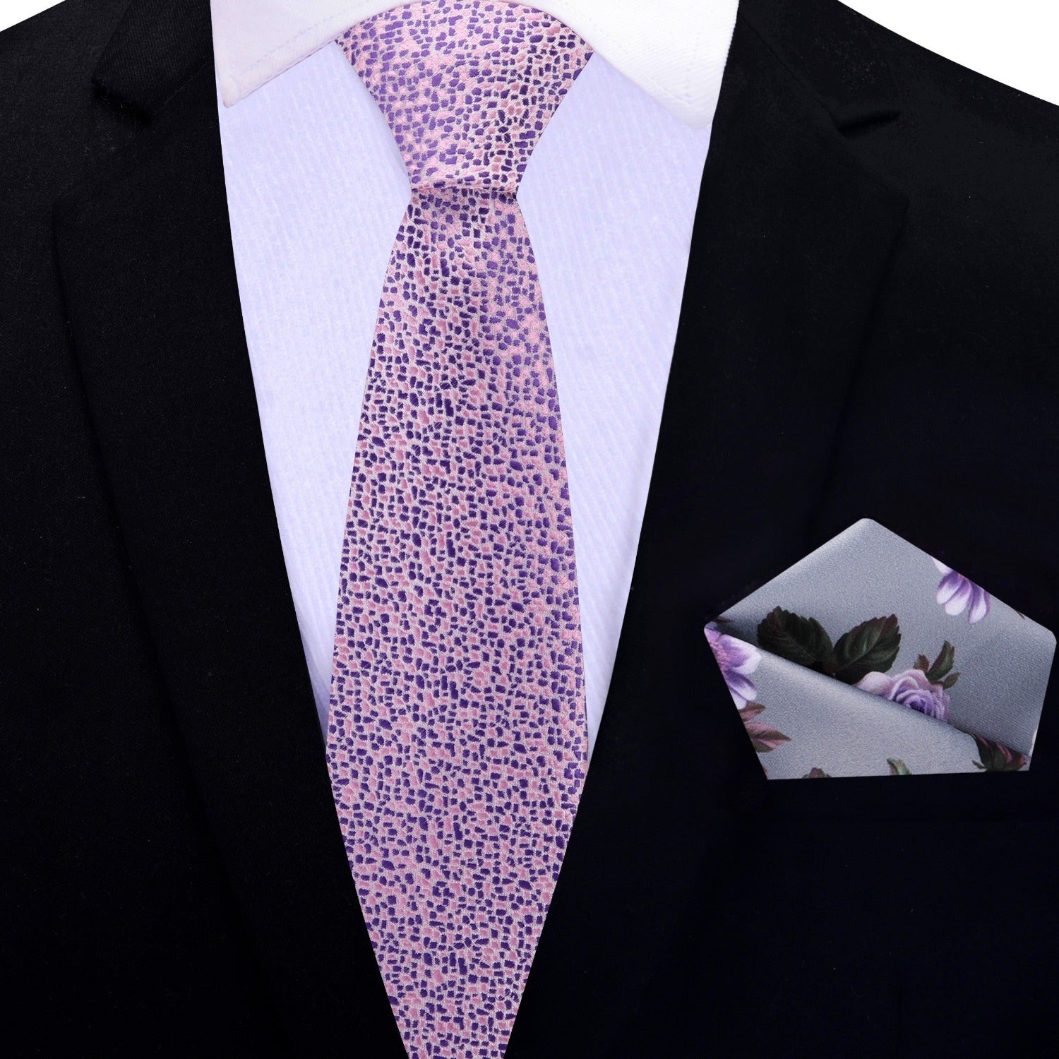 Thin Tie: Pink and Purple Abstract Pebbles Tie and Accenting Grey, Pink and Purple Floral Square