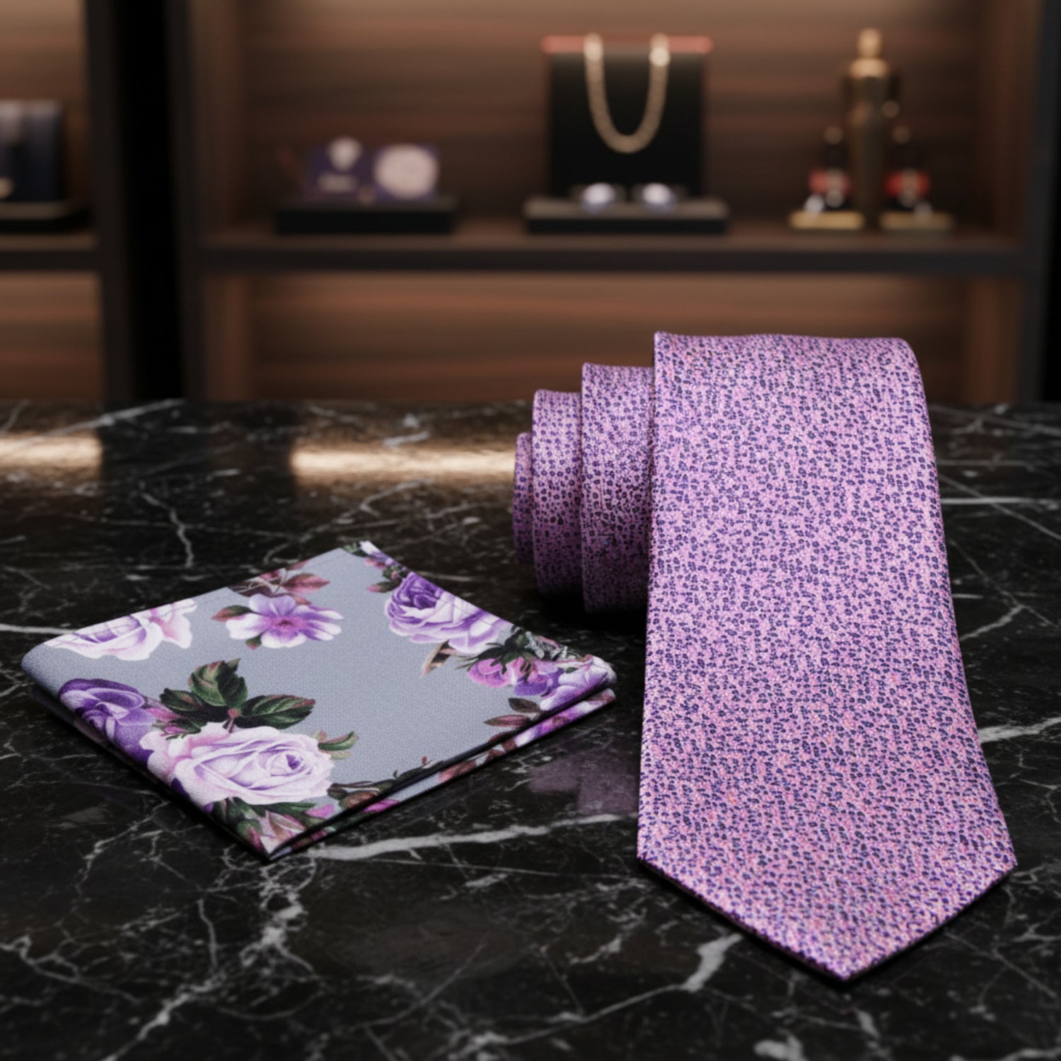 Alt View; Pink and Purple Abstract Pebbles Tie and Accenting Grey, Pink and Purple Floral Square