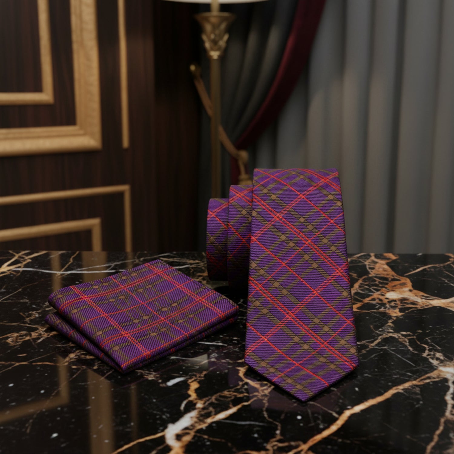 Purple, Red, Olive Plaid Necktie with Olive and Matching Pocket Square