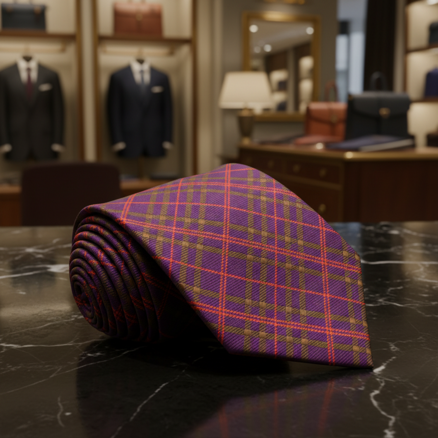 Purple, Red, Olive Plaid Necktie 