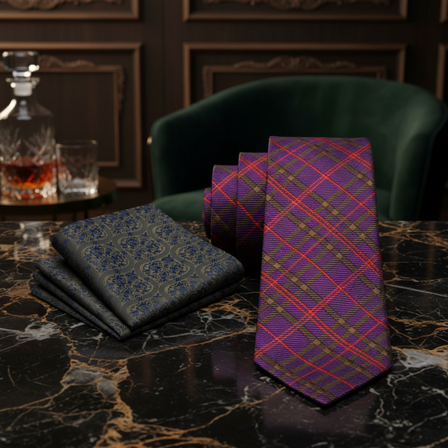 Purple, Red, Olive Plaid Necktie with Olive and Blue Abstract Pocket Square
