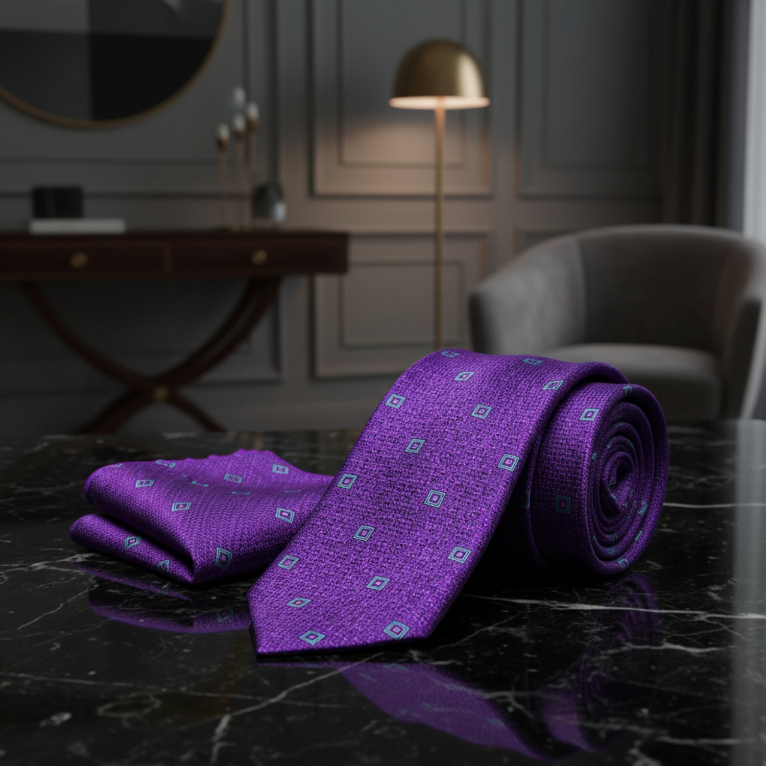Alt View: Purple, Light Blue Small Medallions Tie and Pocket Square