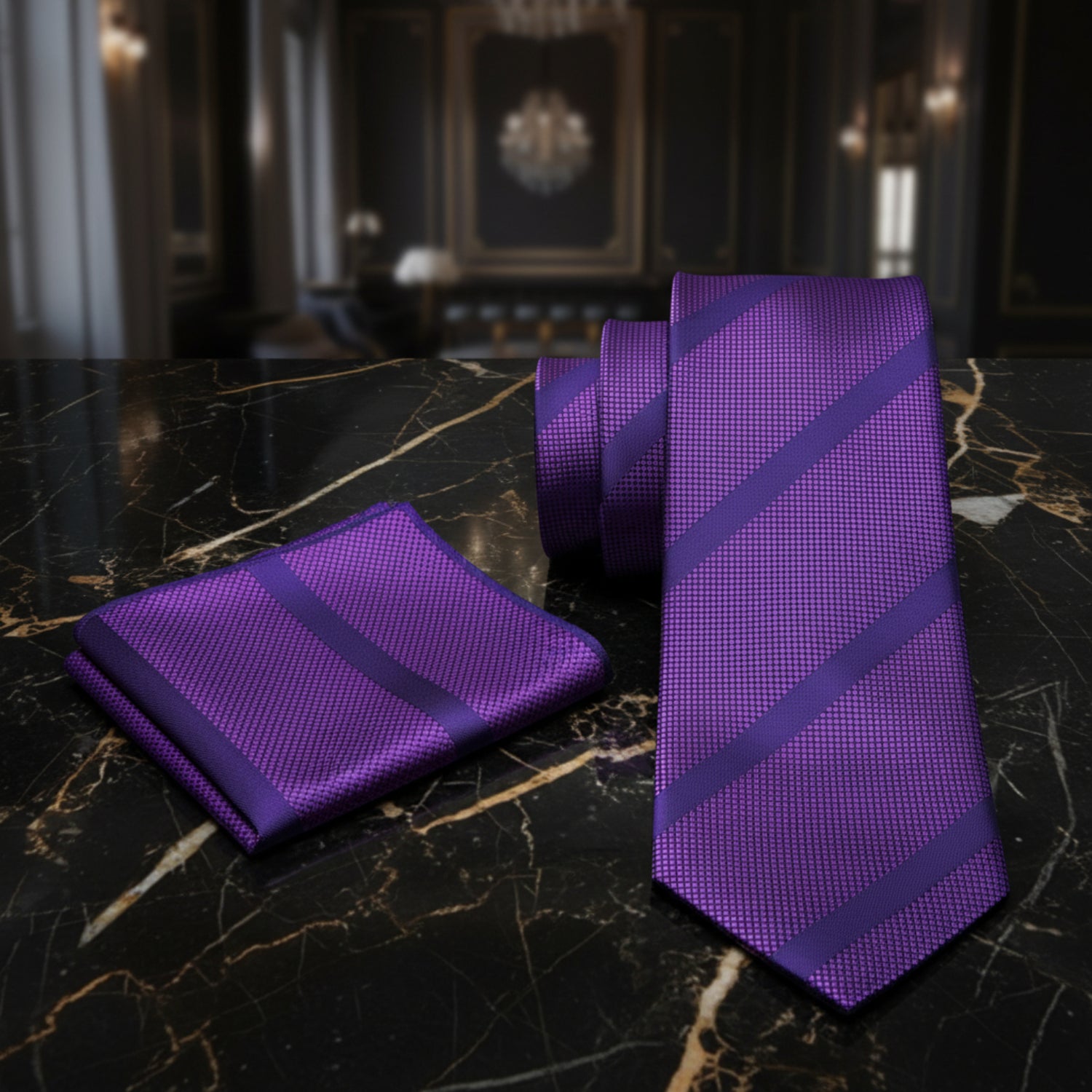 Alt View: Violet Purple Stripe Necktie and Pocket Square