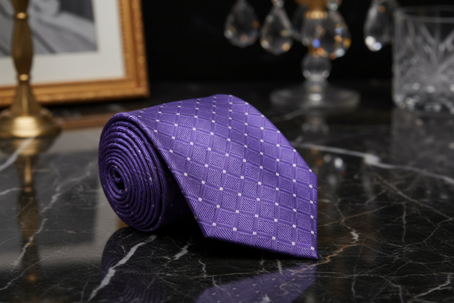 A Purple, White Geometric Diamond With Small Check Pattern Necktie 