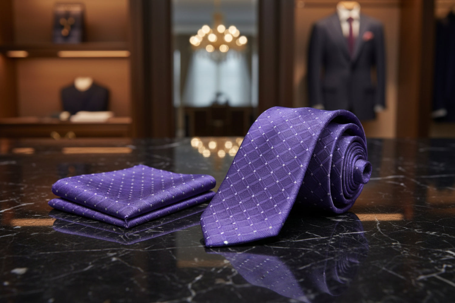 Alt view: A Purple, White Geometric Diamond With Small Check Pattern Necktie, Matching Pocket Square