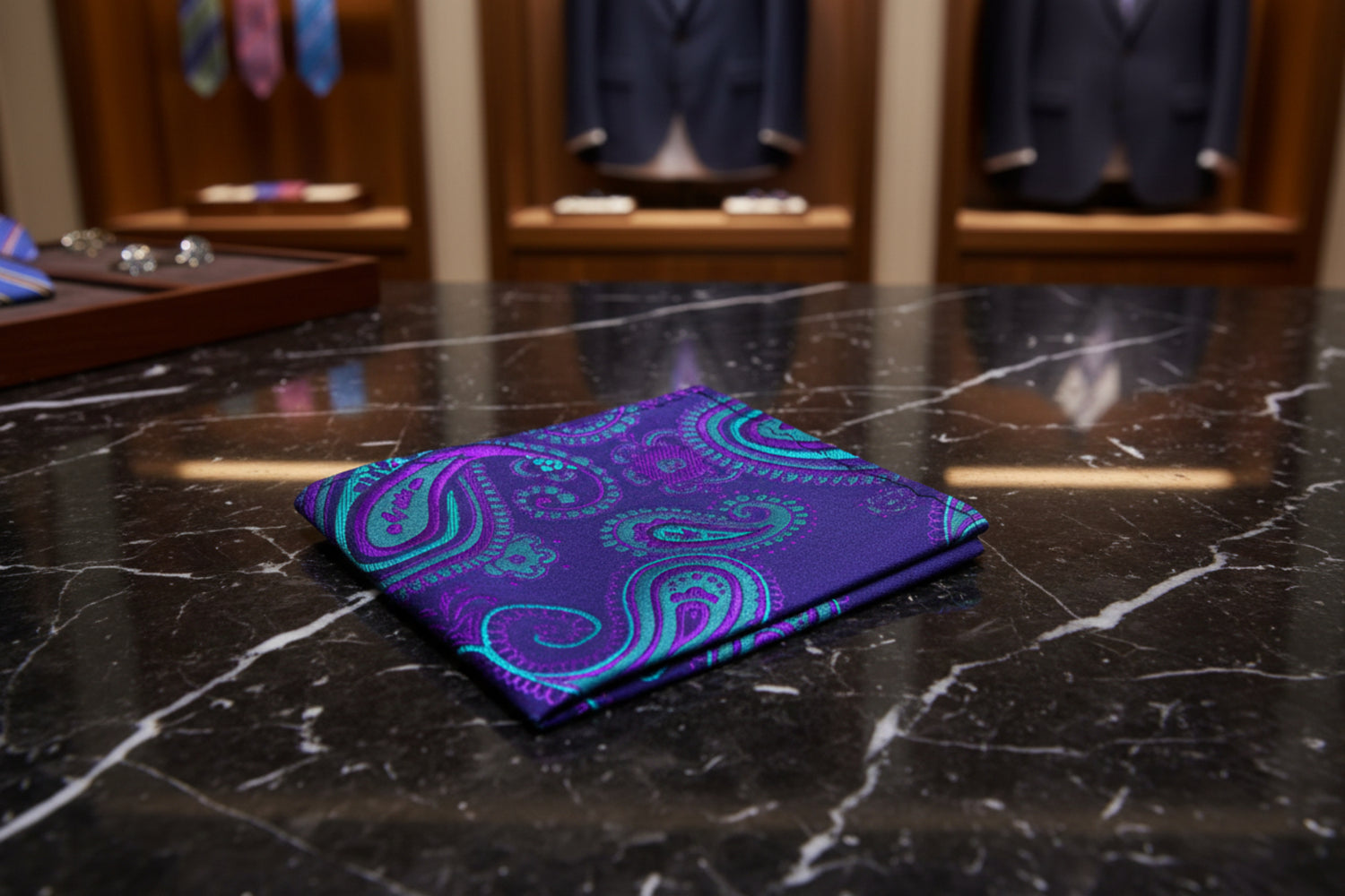 A Teal, Purple Paisley Pattern Pocket Square