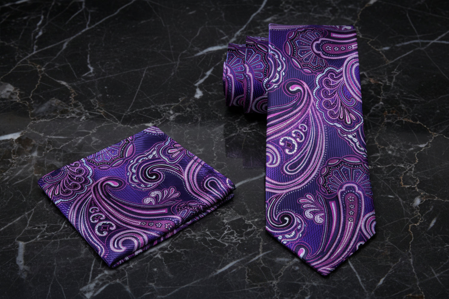 Alt View: A Purple, Dark Purple Paisley Pattern Necktie, Matching Pocket Square