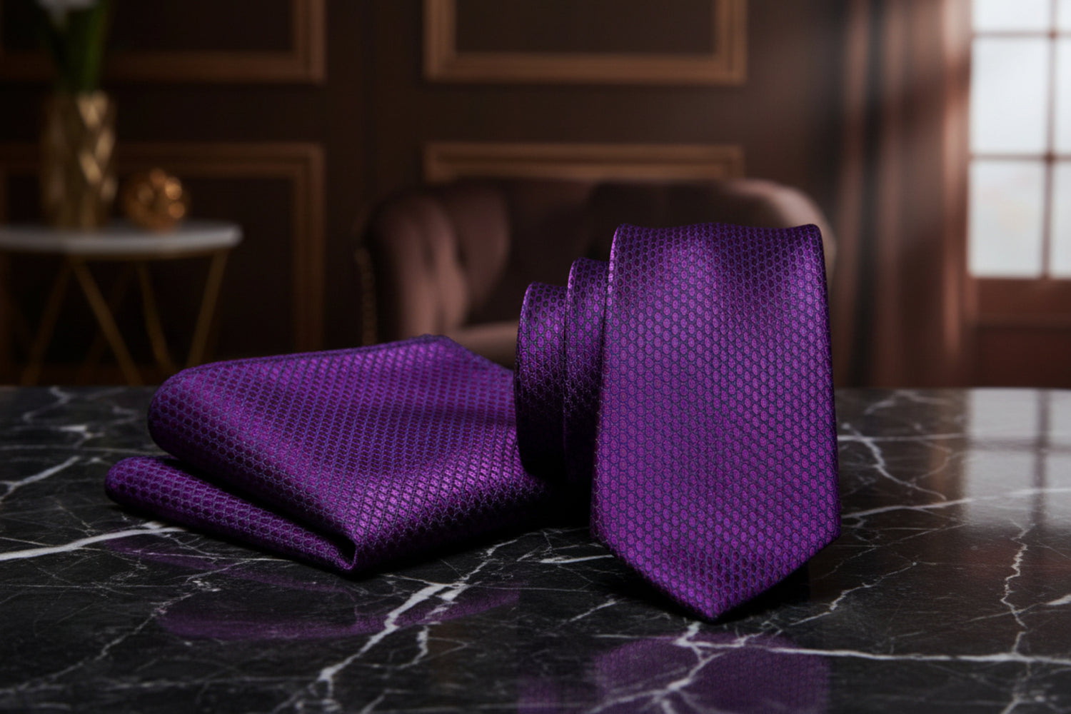 Alt View: A Purple, Black Geometric Oval Shaped Pattern Necktie, Matching Pocket Square