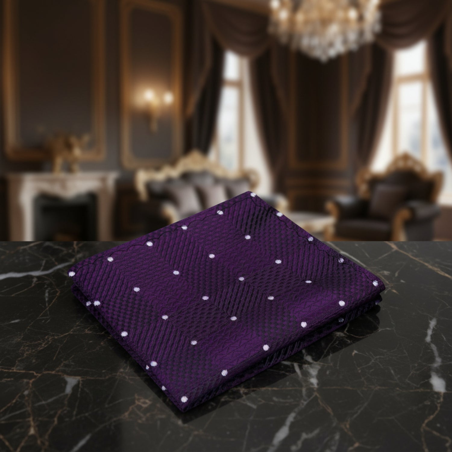 A Deep Purple, White Color Geometric Check with Small Dot Pocket Square