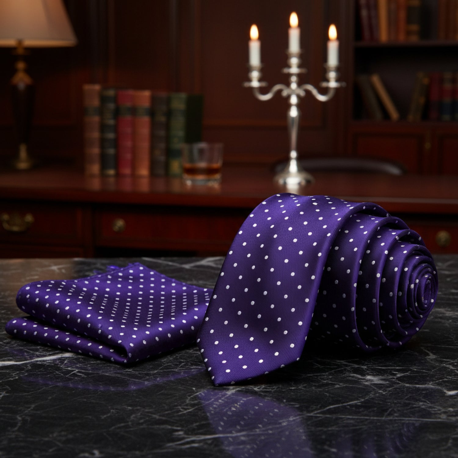 Alt View: A Purple, White Small Polka Dots Pattern Necktie, Matching Pocket Square