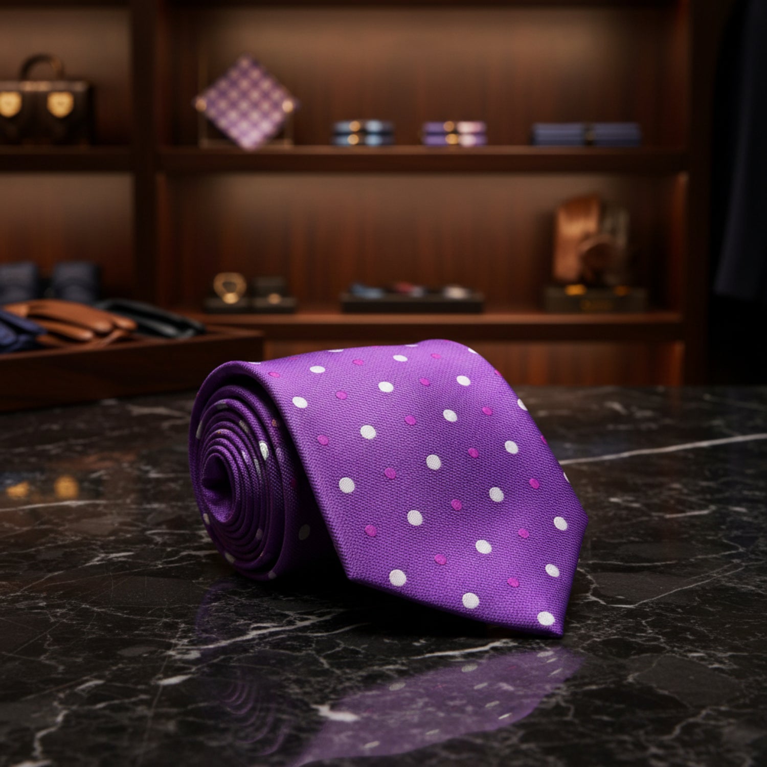A Purple, White Polka Dot Pattern Necktie