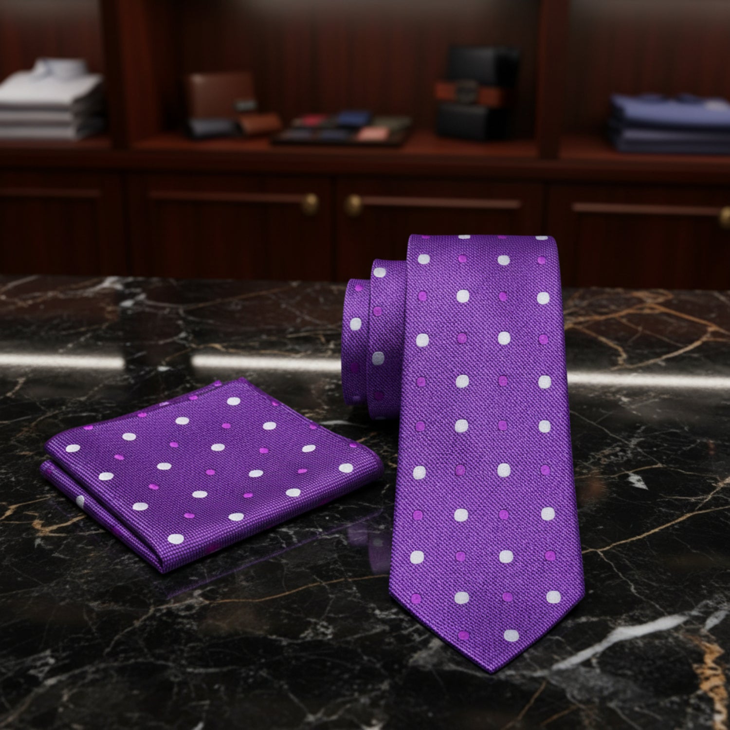 Alt View: A Purple, White Polka Dot Pattern Necktie, Matching Pocket Square