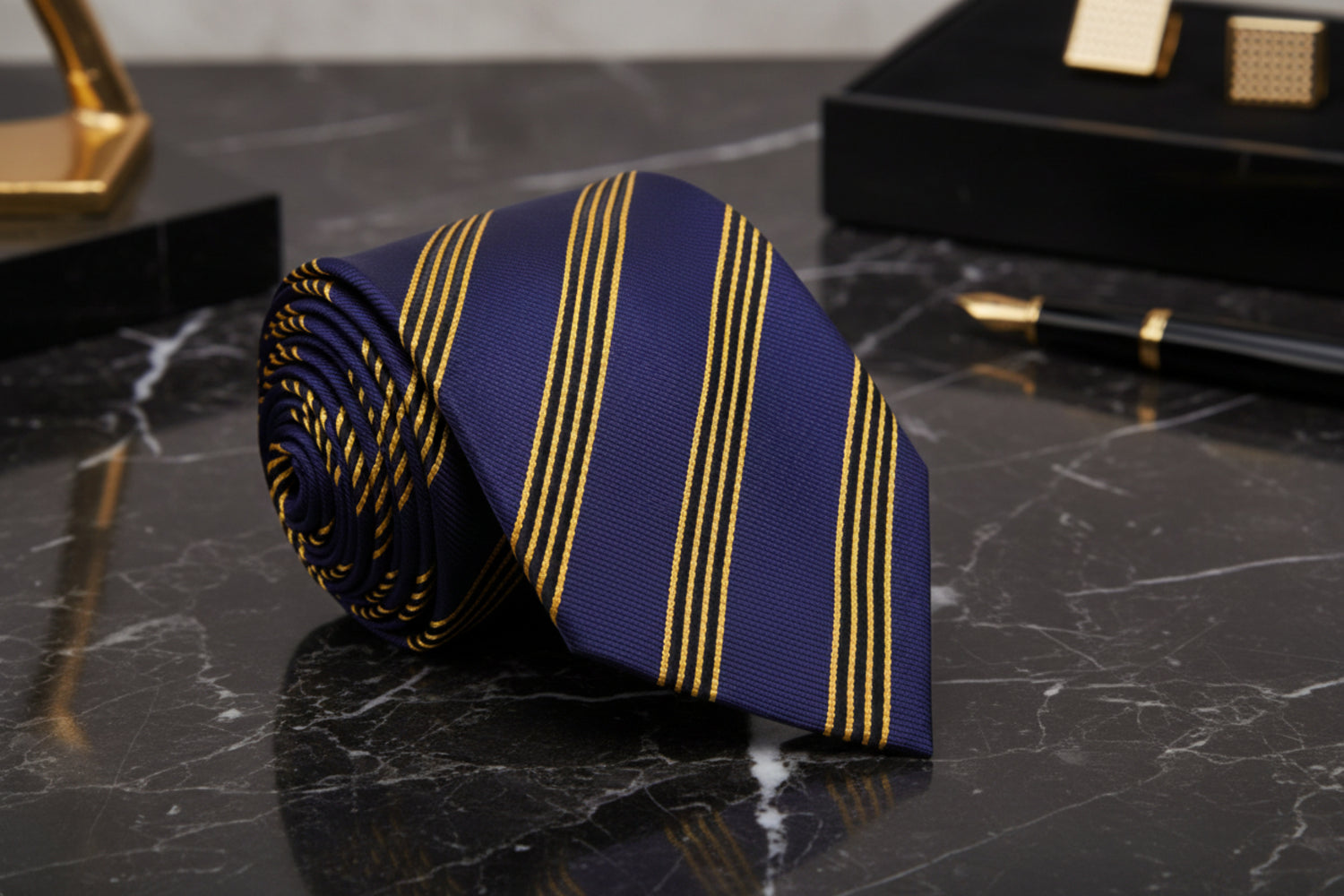 A Indigo, Yellow Stripe Pattern Necktie, 