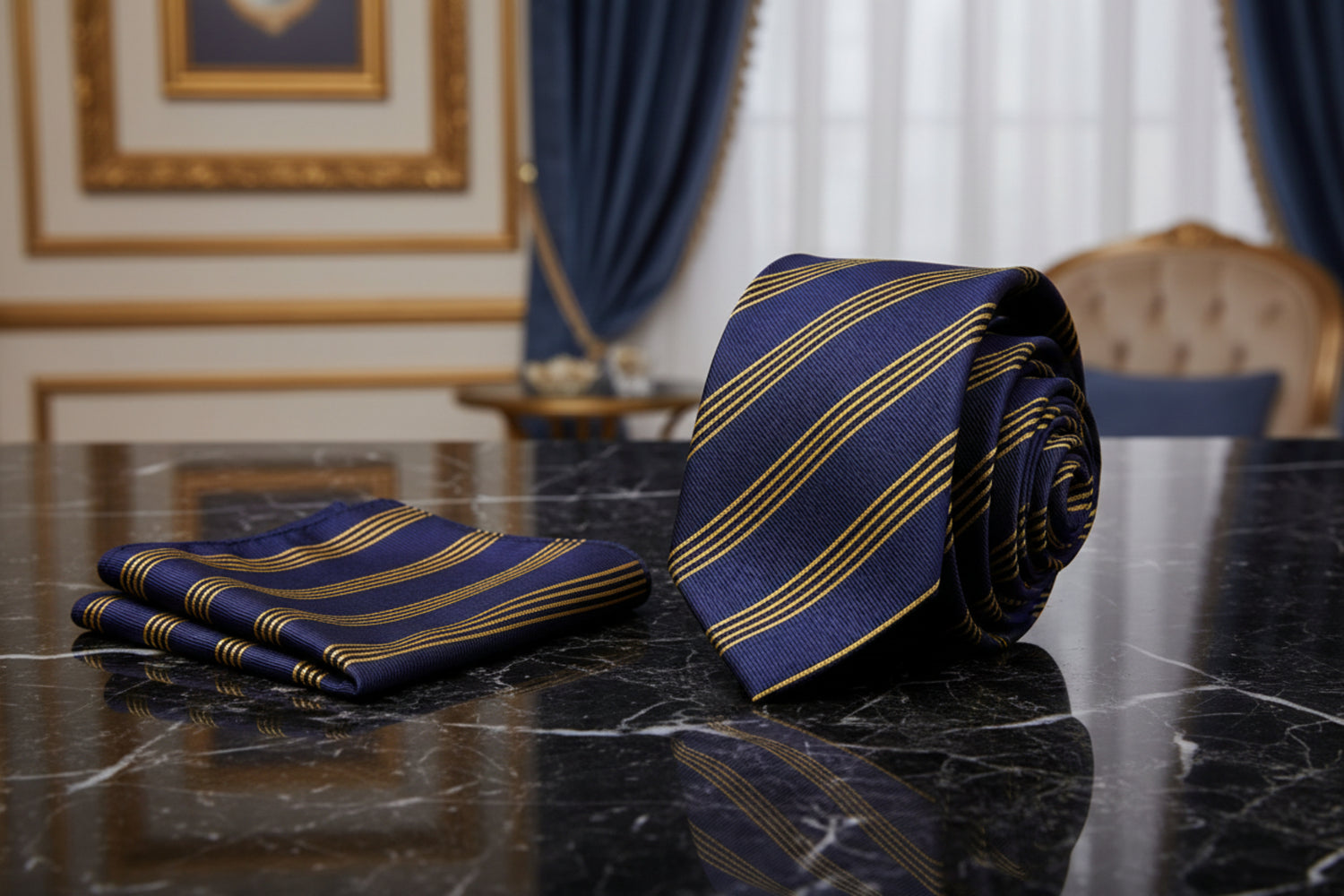 Alt View: A Indigo, Yellow Stripe Pattern Necktie, Matching Pocket Square|