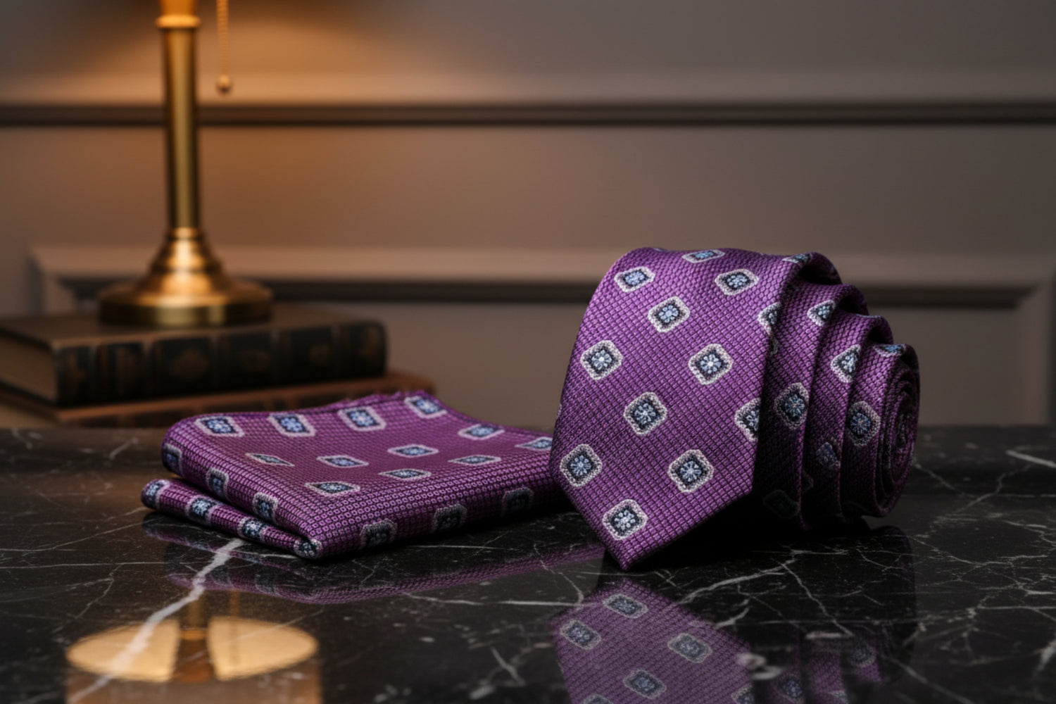 Alt View: Purple Geometric Medallion Tie and Pocket Square