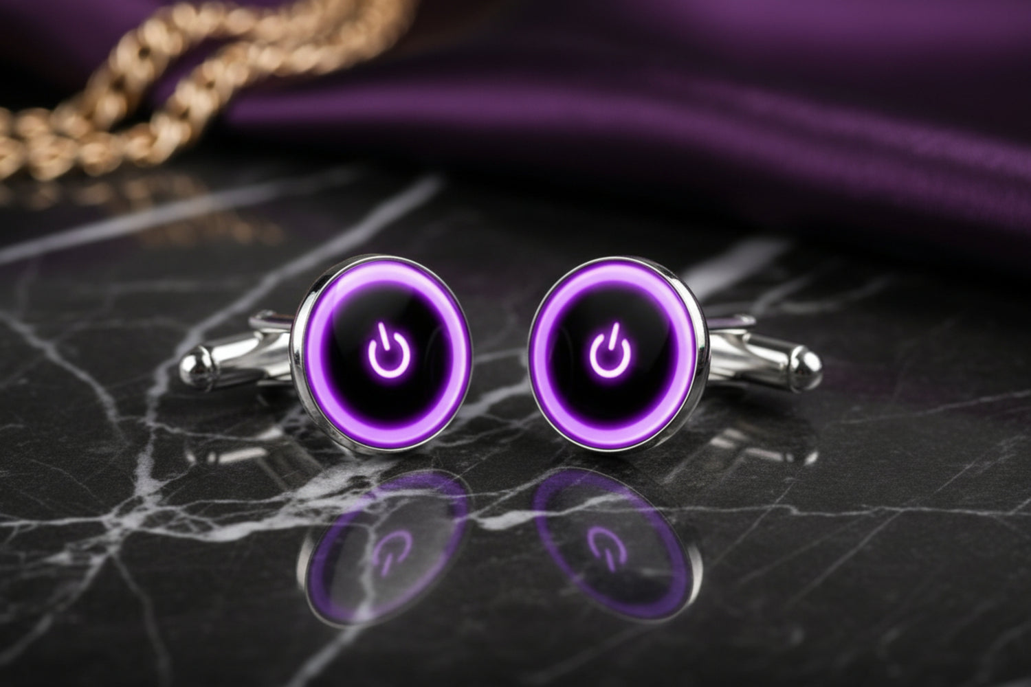 A Chrome, Pink with Circle and Power Button Design Cuff-links||Purple