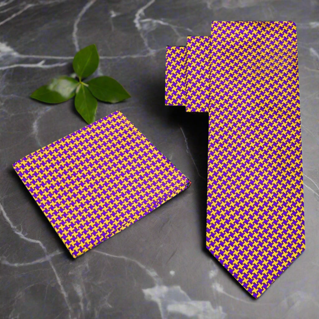 Alt View: Gold and Purple Hounds-tooth Tie and Pocket Square
