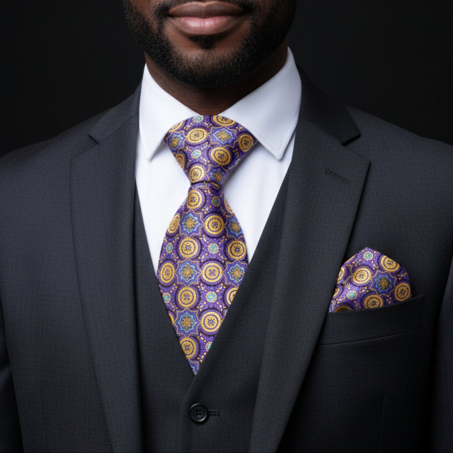 Purple and Gold Geometric Shield Tie and Square