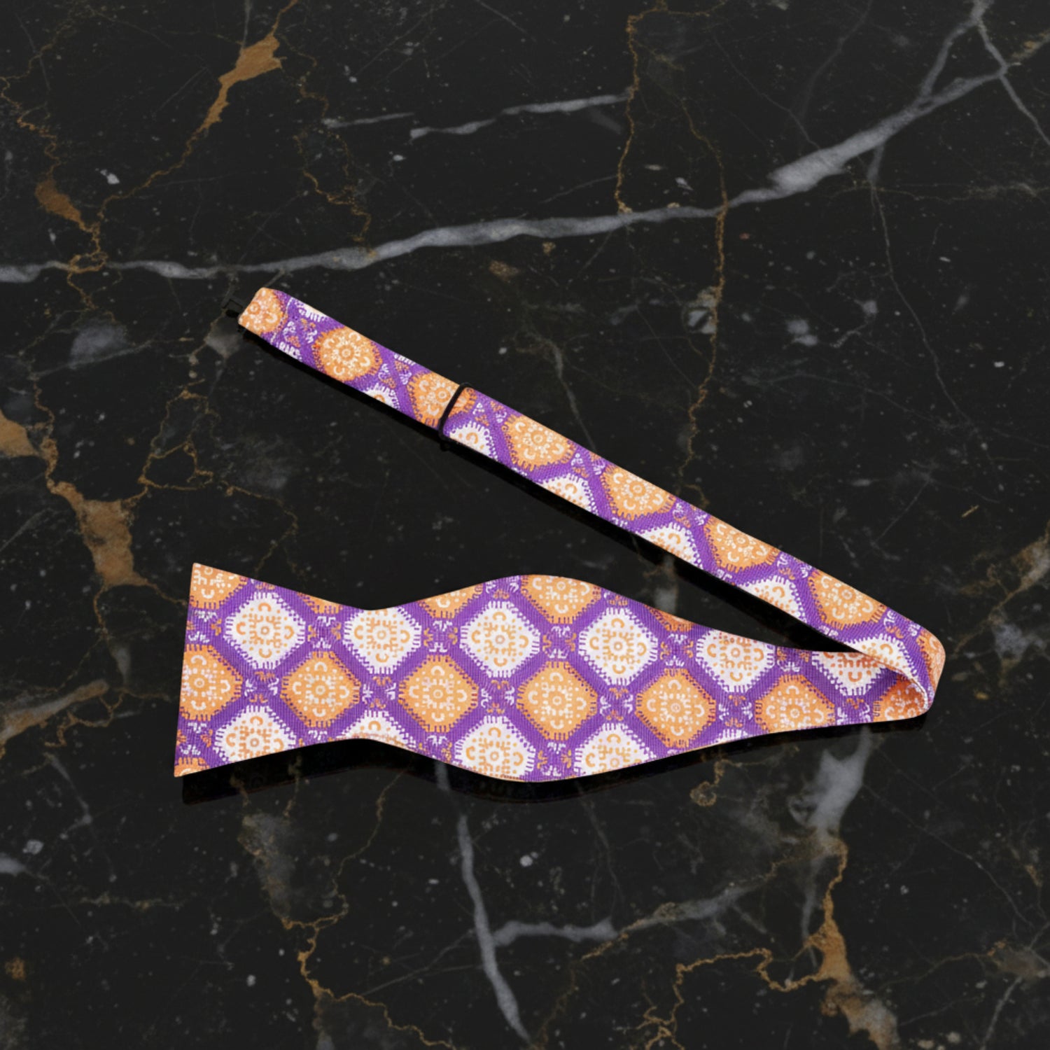 Purple and Orange Geometric Bow Tie Untied