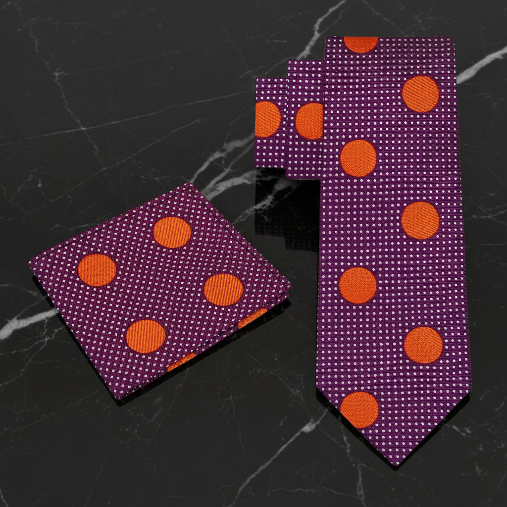 Alt View: A Purple, Orange Dots Pattern Necktie, Matching Pocket Square