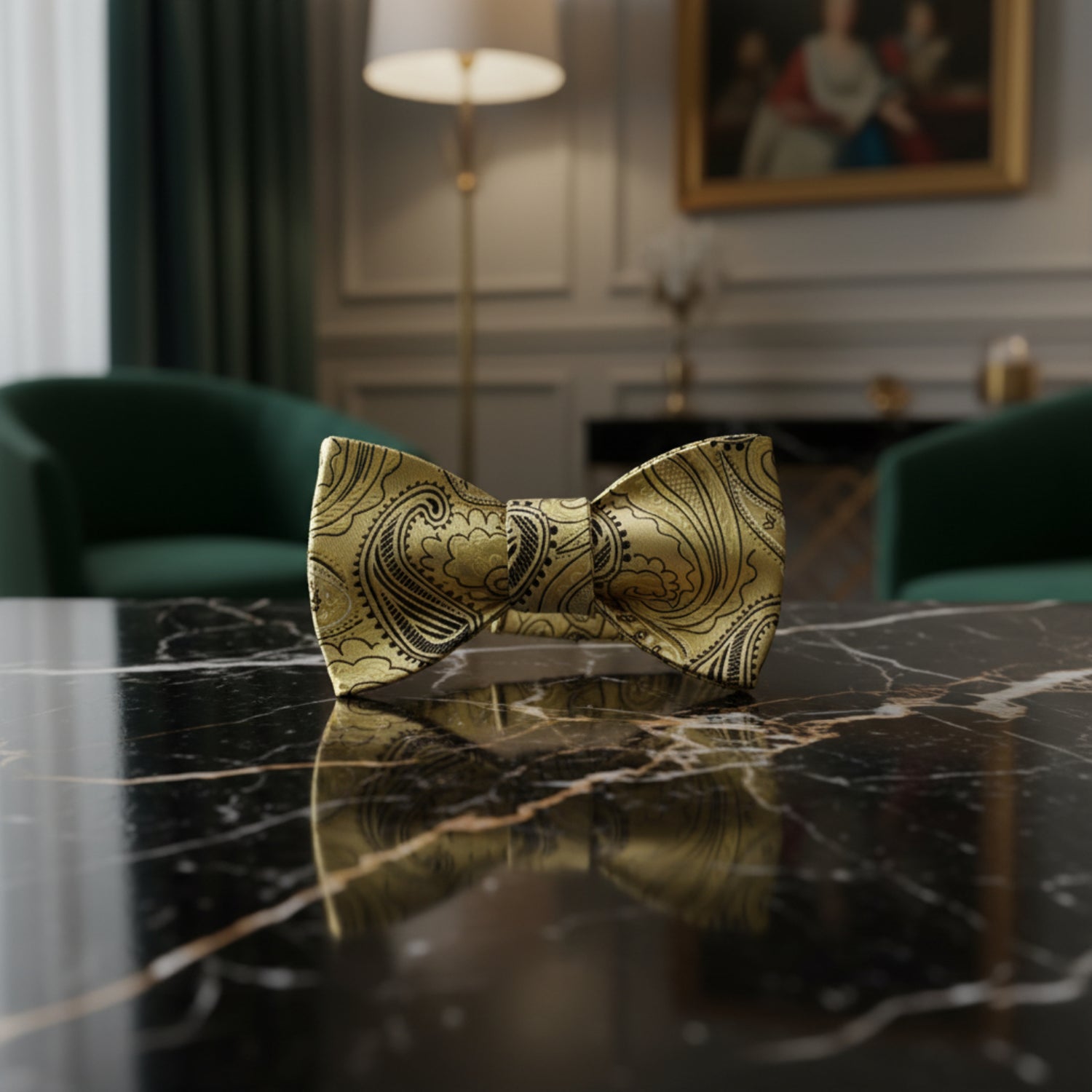 A Light Gold, Black Paisley Pattern Pre Tied Bow Tie 