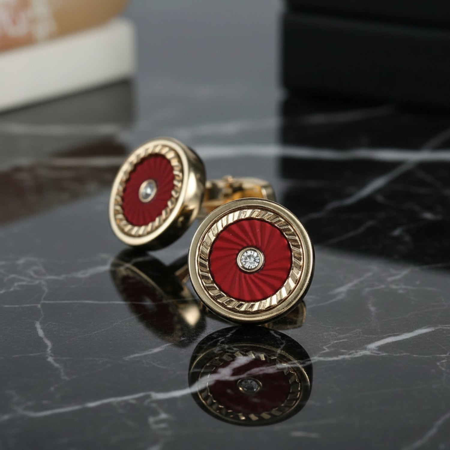 A Red, Gold Color Circle Shape Cuff-links.