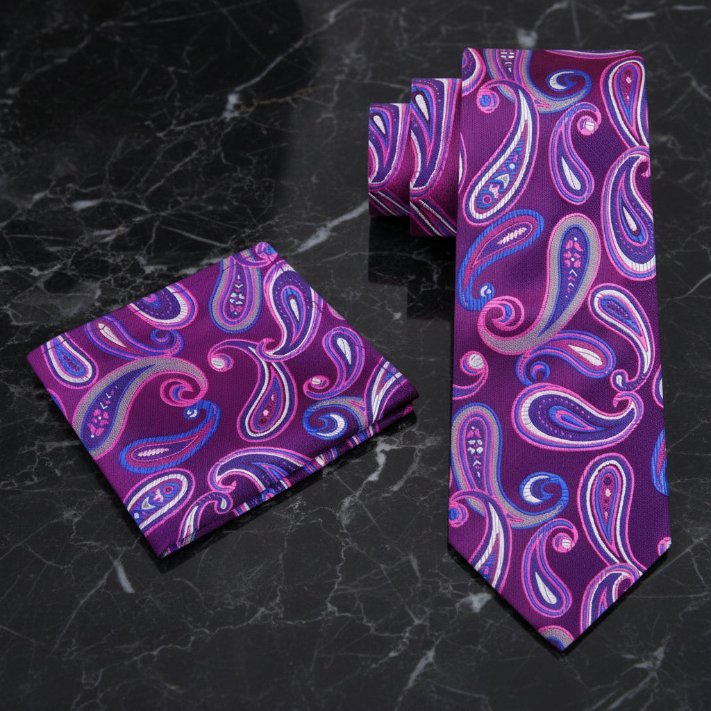 Alt View: A Purple, Blue Color Paisley Pattern Silk Necktie, Matching Pocket Square