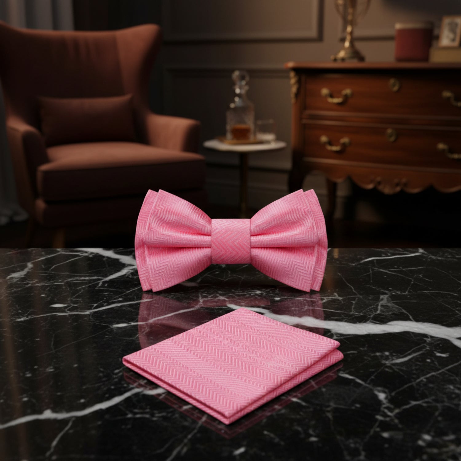 A Light Pink Solid Pattern Self Tie Bow Tie, Matching Pocket Square