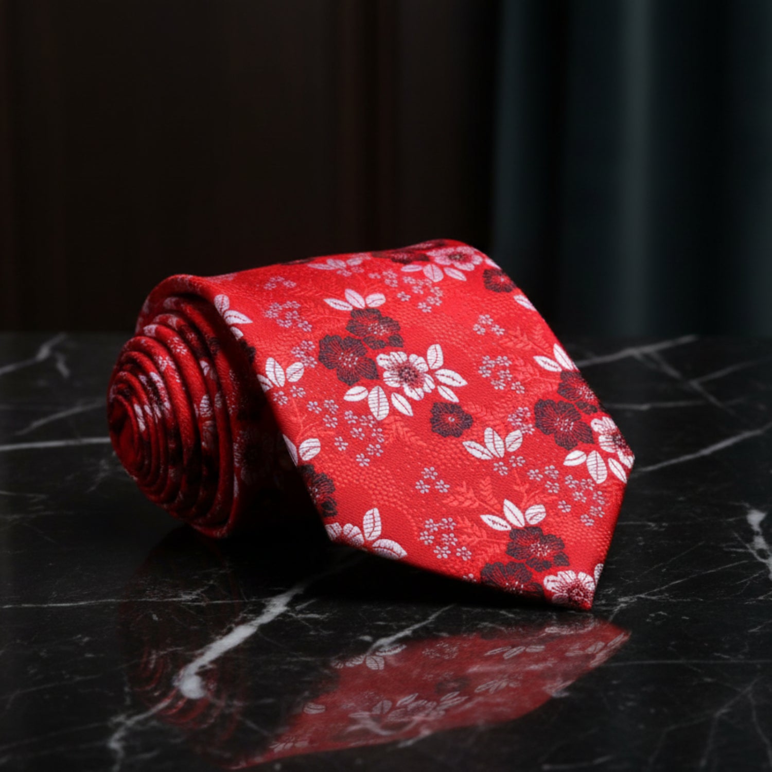 A Red, Dark Red And White Floral Pattern Necktie  