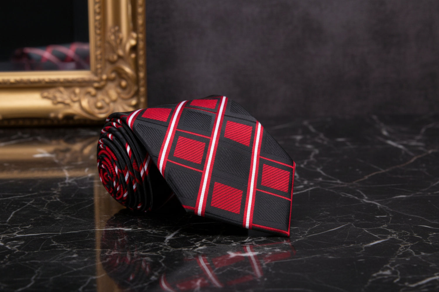 A Black, Red, White Geometric Diamond and Stripe Pattern Necktie 