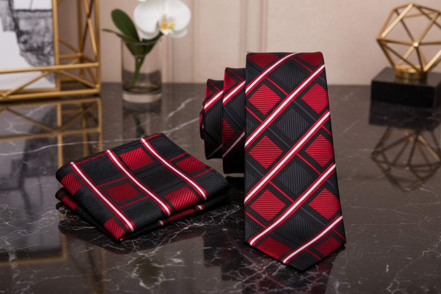 Alt View: A Black, Red, White Geometric Diamond and Stripe Pattern Necktie, Matching Pocket Square