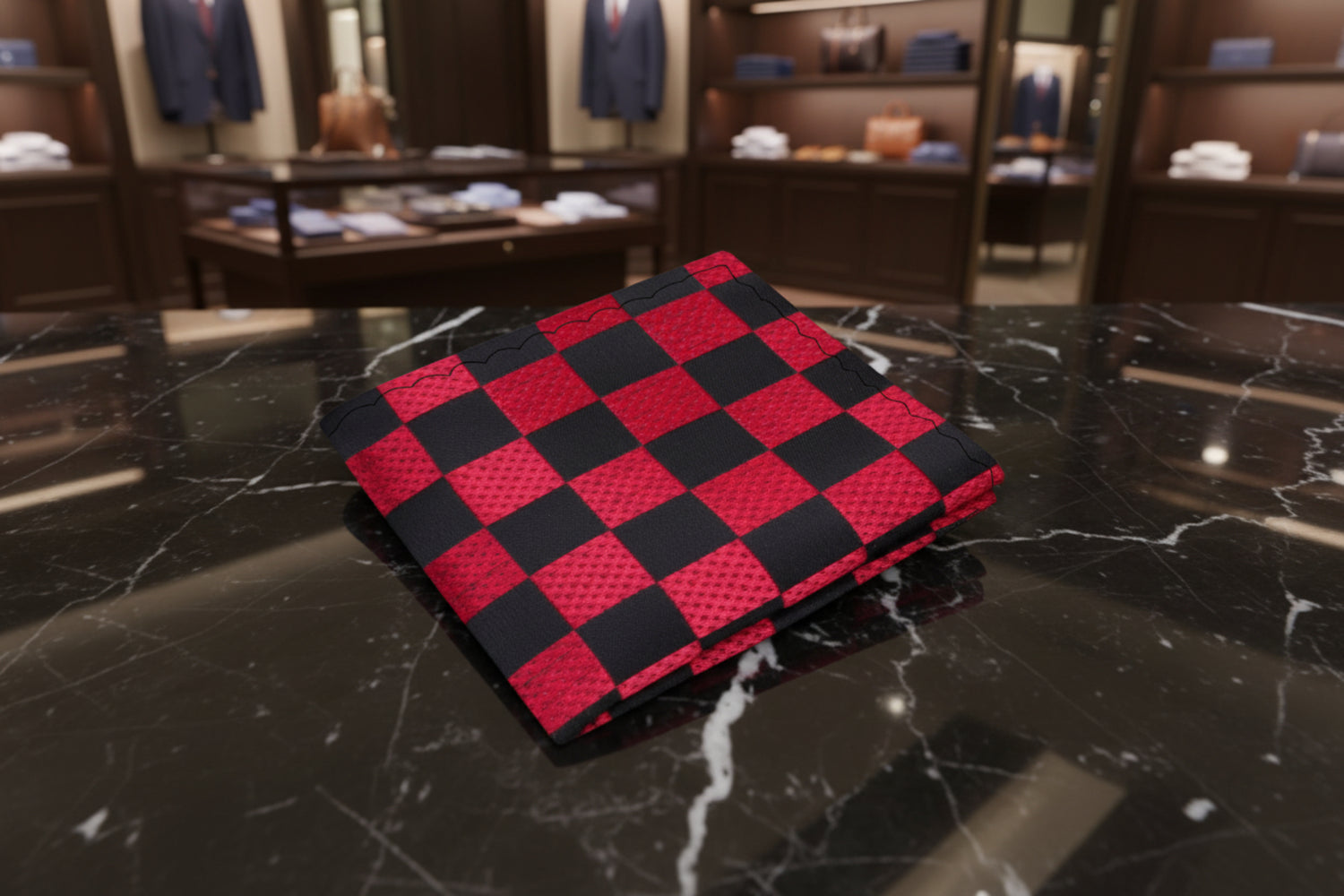 A Red, Black Geometric Squares Pattern Pocket Square