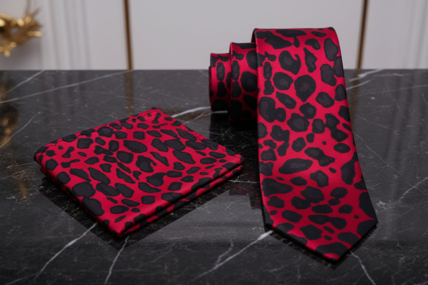 Alt View: Red Black Cheetah Tie and Square