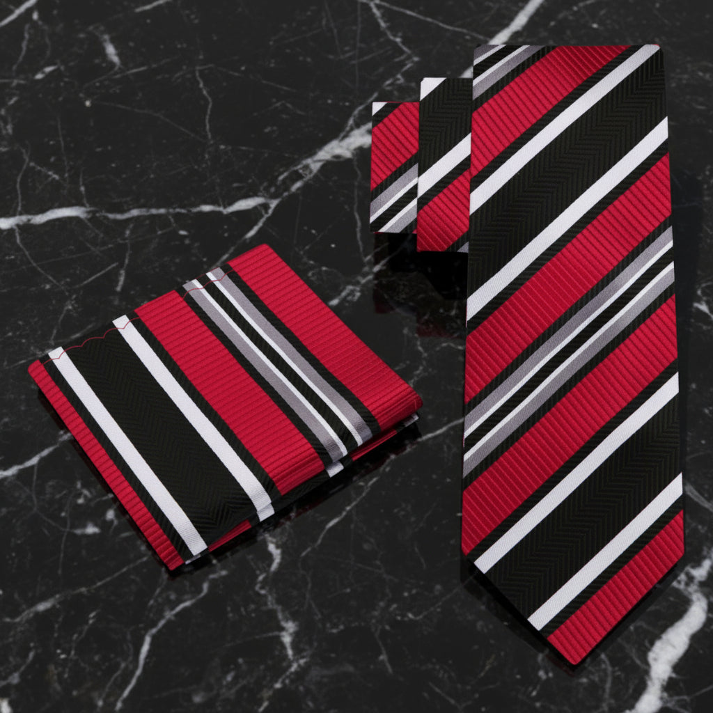 Alt View: A Red, Black, White Stripe Pattern Necktie, Matching Pocket Square