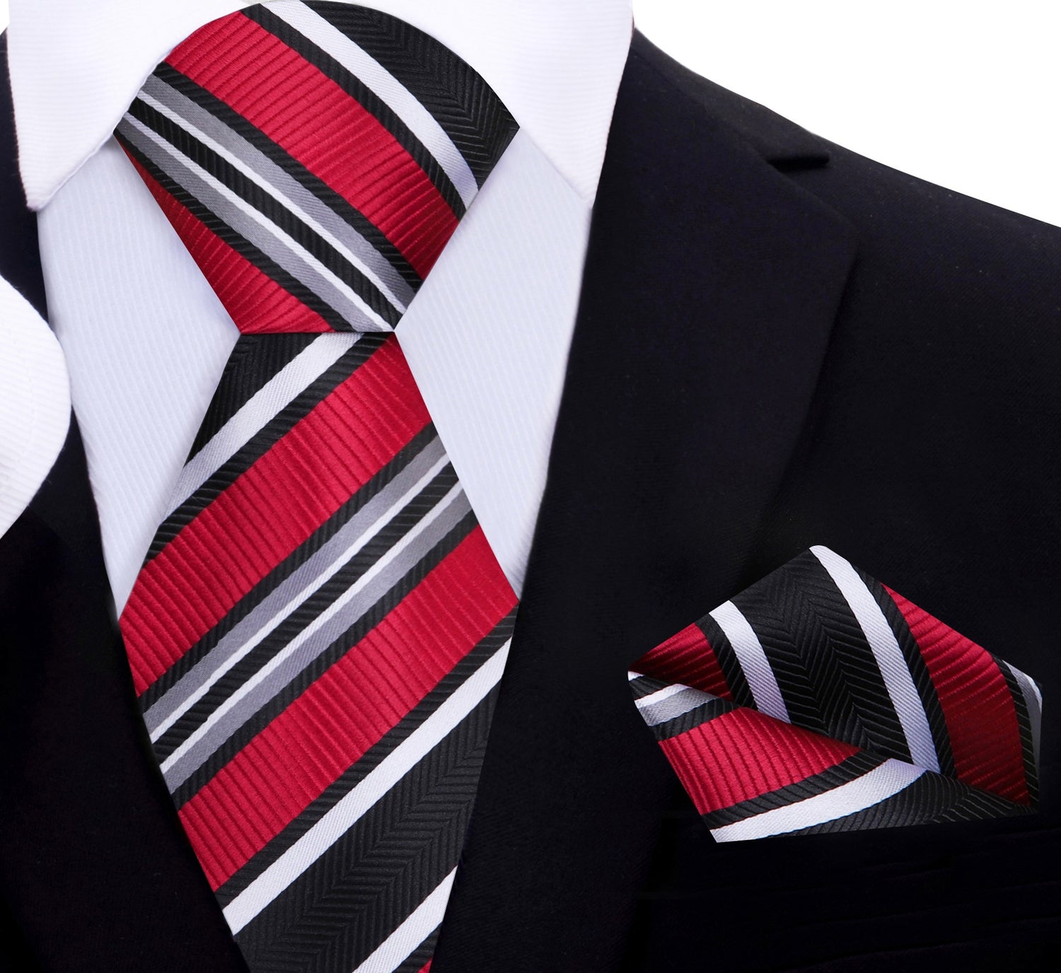 A Red, Black, White Stripe Pattern Necktie, Matching Pocket Square