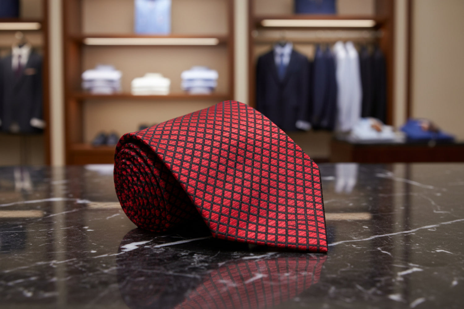 A Red, Black Small Check Pattern Necktie