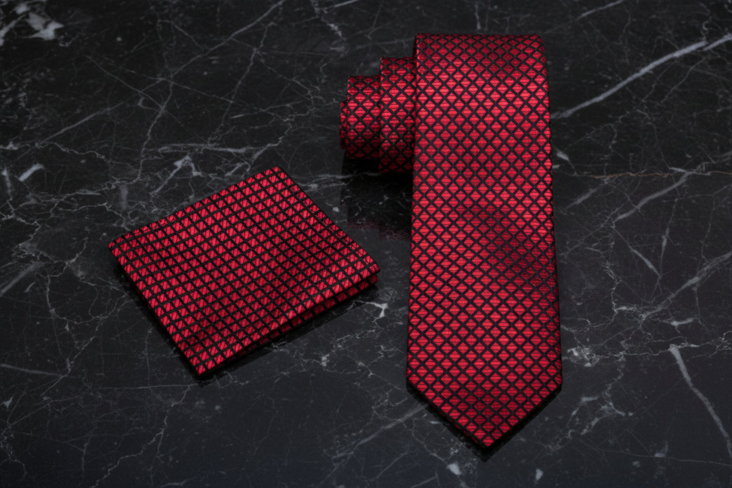 Alt View: A Red, Black Small Check Pattern Necktie, Matching Pocket Square