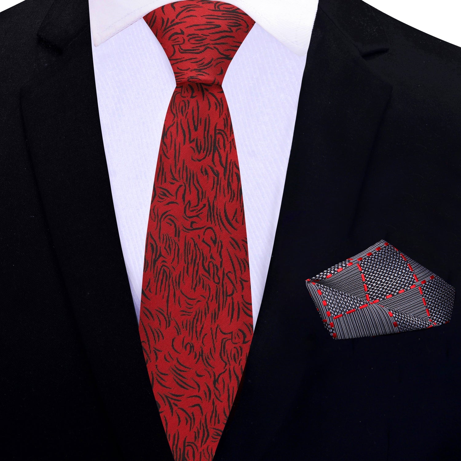 Thin Tie View: Red with Black Abstract Lines Tie and Accenting Pocket Square
